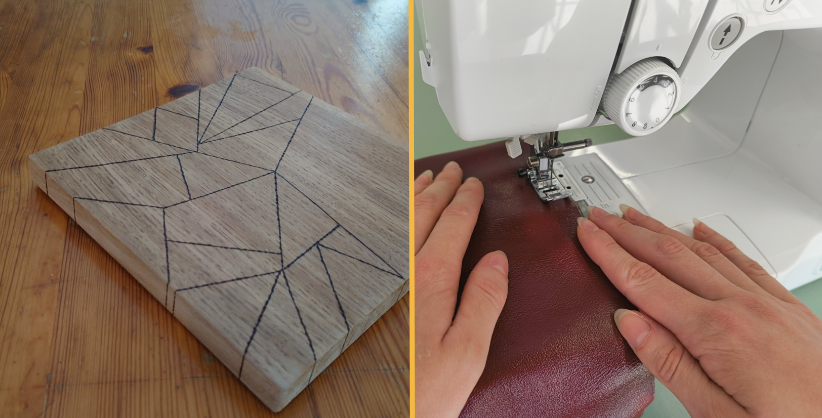 Photos d'exemples d'animations DIY (dessous de plat en bois pyrogravé, couture à la machine)
